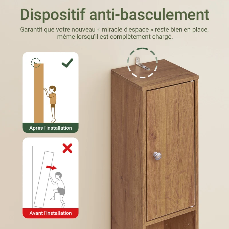 SoBuy BZR34-II-PF Colonne Salle de Bain Ultra-Étroite 20 cm – 4 Étagères Réglables et Tiroir – Effet Bois