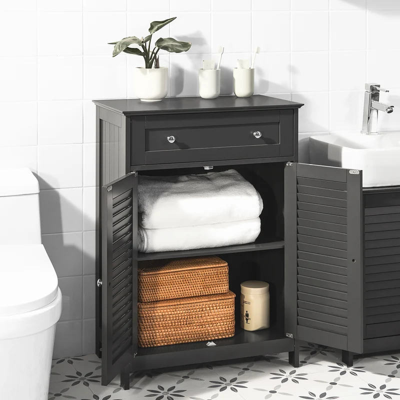 SoBuy FRG238-DG Meuble Bas Salle de Bain avec Étagère Réglable, 1 Tiroir et 2 Portes, pour Salle de Bain et WC, Rangement Optimisé – L60×P35×H87 cm, Gris Foncé