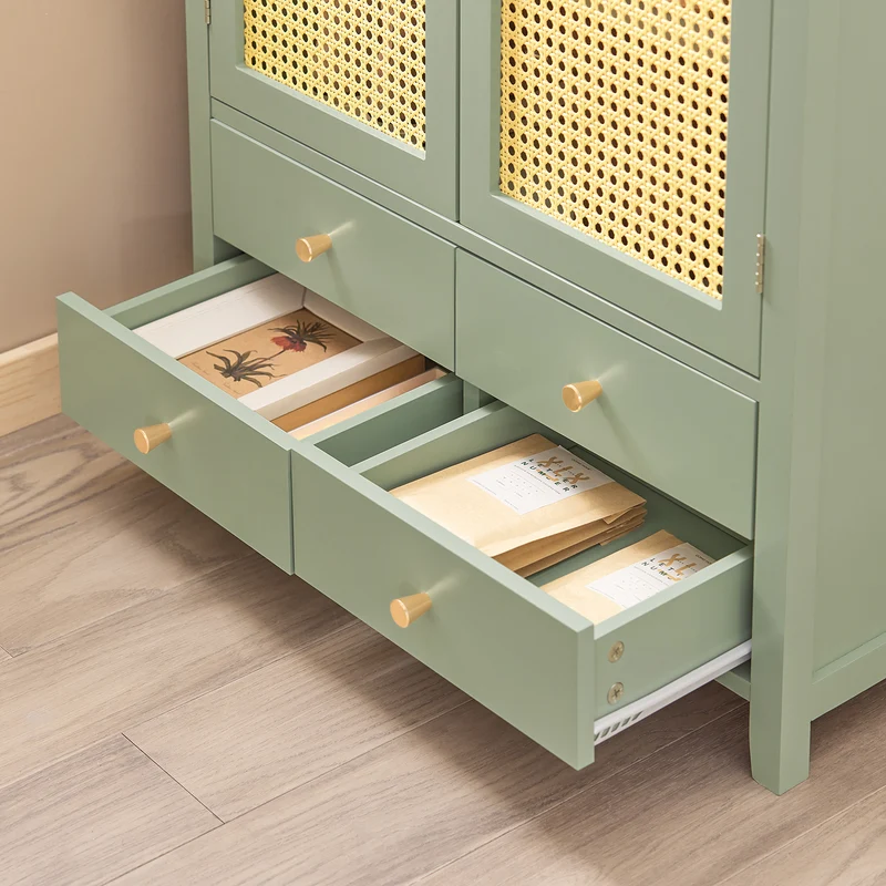 SoBuy FSB72-GR Meuble d’Entrée Rotin Vert avec 4 tiroirs 70x34x90cm, Style Bohème Naturel