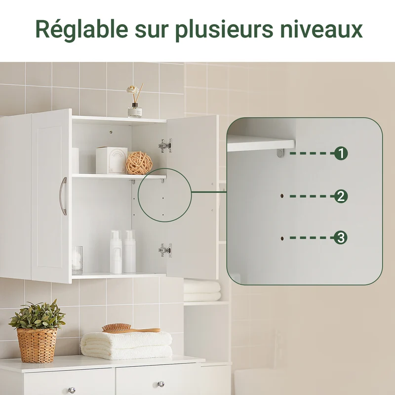 SoBuy FRG231-W Armoire Murale Salle de Bain avec Porte et Étagère Réglable – L60×P30×H60 cm, Charge 25 kg, MDF E1, Blanc