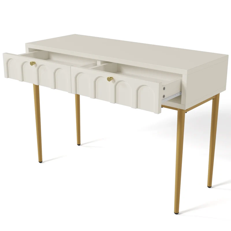 Console Coiffeuse élégante avec 2 tiroirs blanc crème structure et poignée dorée 100x45cm FULZEL