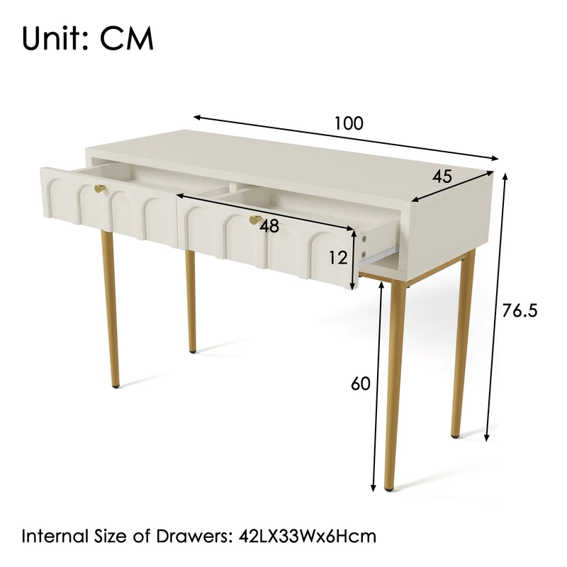 Console Coiffeuse élégante avec 2 tiroirs blanc crème structure et poignée dorée 100x45cm FULZEL