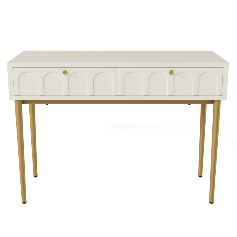 Console Coiffeuse élégante avec 2 tiroirs blanc crème structure et poignée dorée 100x45cm FULZEL