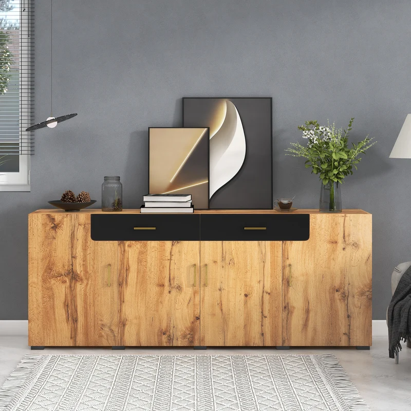 Buffet effet bois et noir 4 portes 2 tiroirs poignées dorés 208x39,5x80cm HERNON