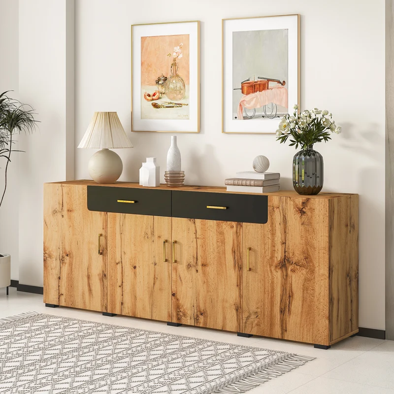 Buffet effet bois et noir 4 portes 2 tiroirs poignées dorés 208x39,5x80cm HERNON