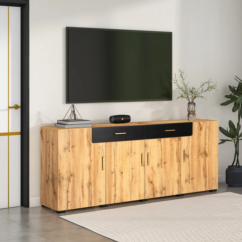 Buffet effet bois et noir 4 portes 2 tiroirs poignées dorés 208x39,5x80cm HERNON