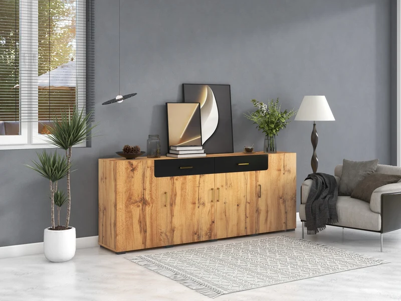 Buffet effet bois et noir 4 portes 2 tiroirs poignées dorés 208x39,5x80cm HERNON