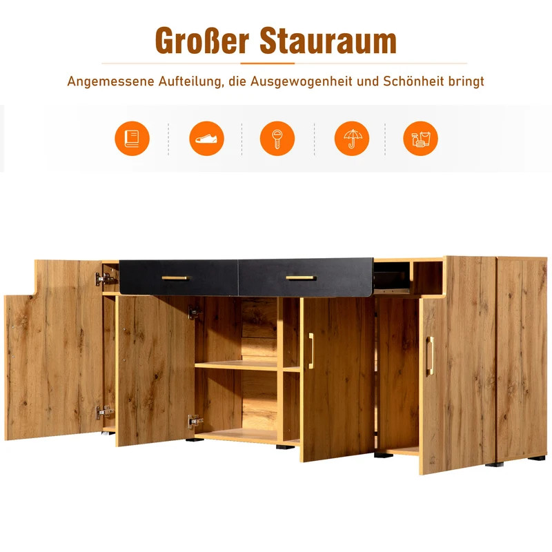 Buffet effet bois et noir 4 portes 2 tiroirs poignées dorés 208x39,5x80cm HERNON