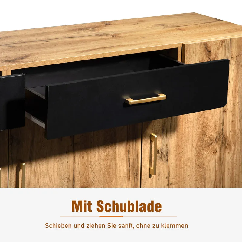 Buffet effet bois et noir 4 portes 2 tiroirs poignées dorés 208x39,5x80cm HERNON