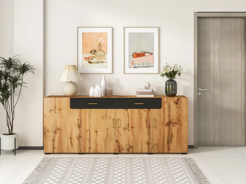 Buffet effet bois et noir 4 portes 2 tiroirs poignées dorés 208x39,5x80cm HERNON
