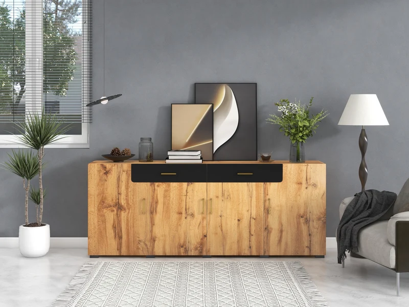 Buffet effet bois et noir 4 portes 2 tiroirs poignées dorés 208x39,5x80cm HERNON