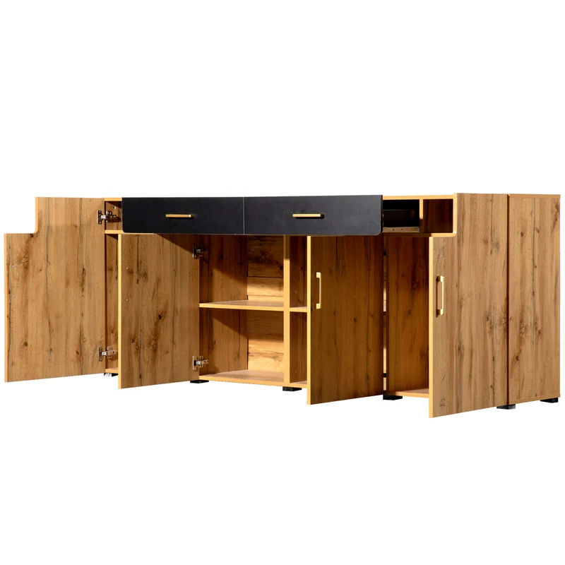 Buffet effet bois et noir 4 portes 2 tiroirs poignées dorés 208x39,5x80cm HERNON