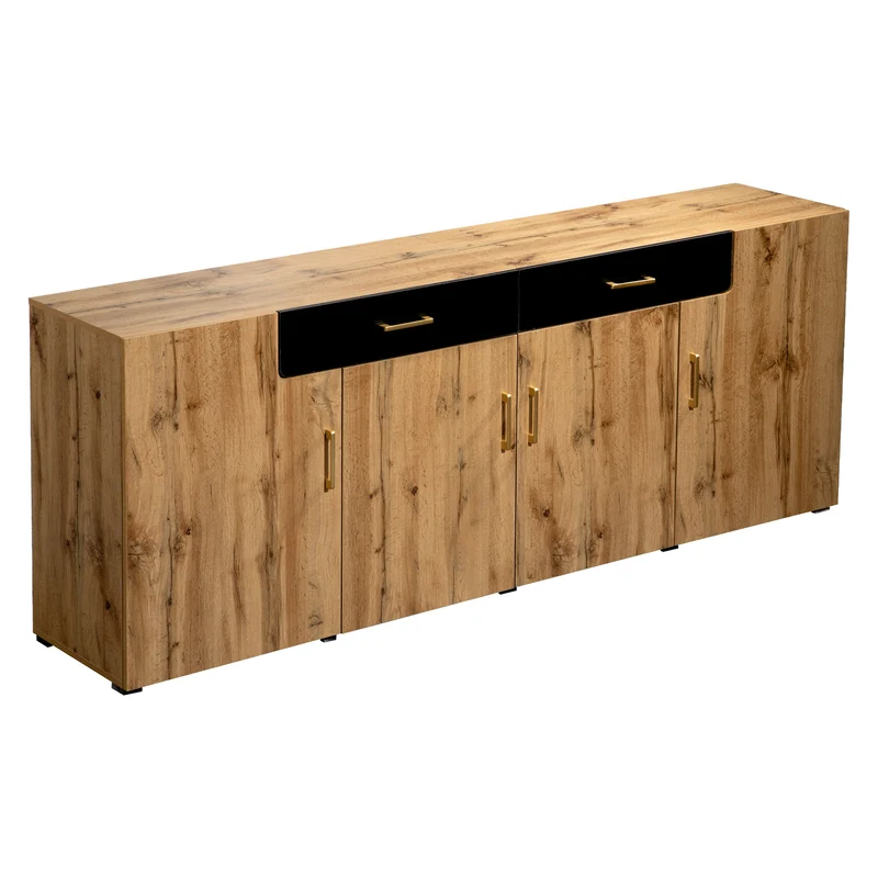 Buffet effet bois et noir 4 portes 2 tiroirs poignées dorés 208x39,5x80cm HERNON