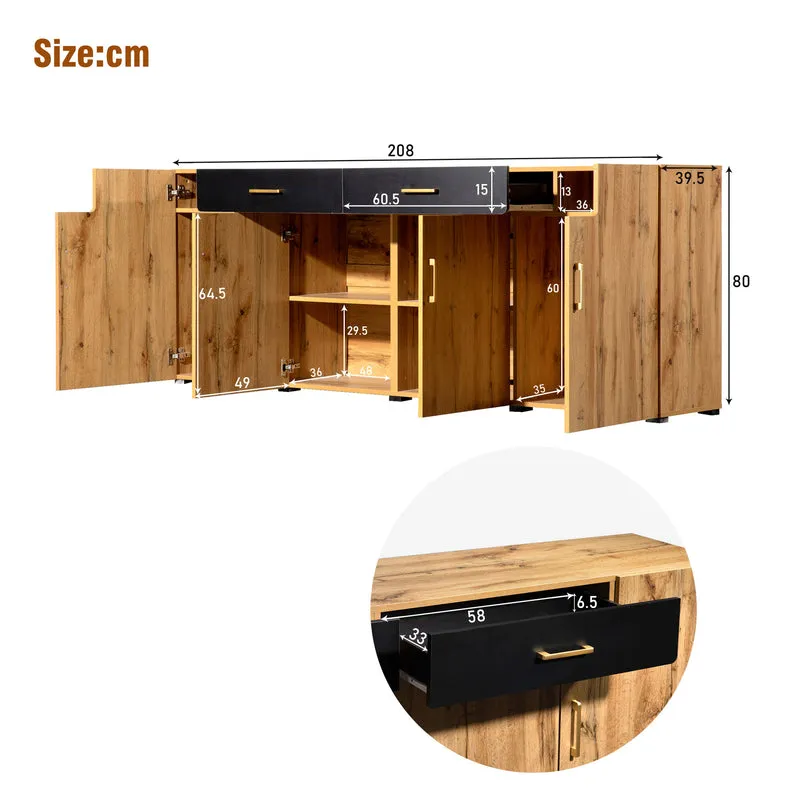Buffet effet bois et noir 4 portes 2 tiroirs poignées dorés 208x39,5x80cm HERNON