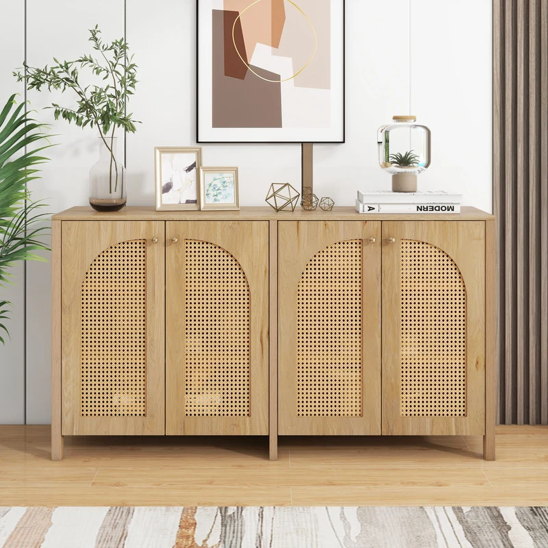 Buffet effet bois avec 4 portes en rotin synthétique et poignées métalliques DREQE