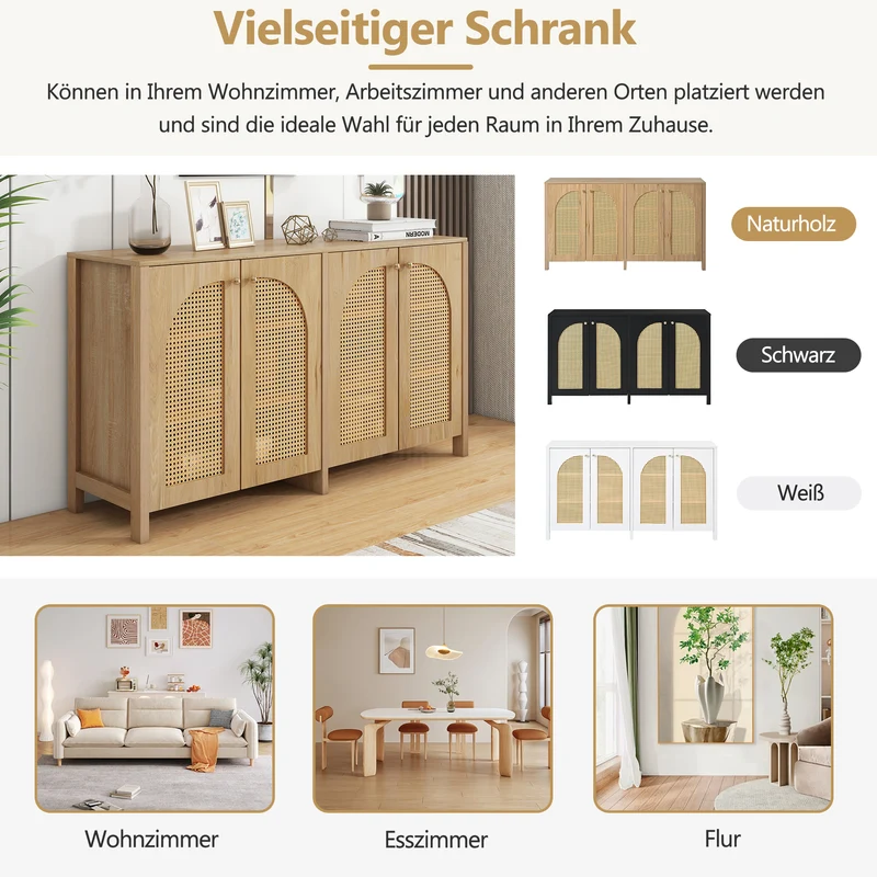 Buffet effet bois avec 4 portes en rotin synthétique et poignées métalliques DREQE