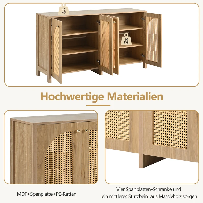 Buffet effet bois avec 4 portes en rotin synthétique et poignées métalliques DREQE