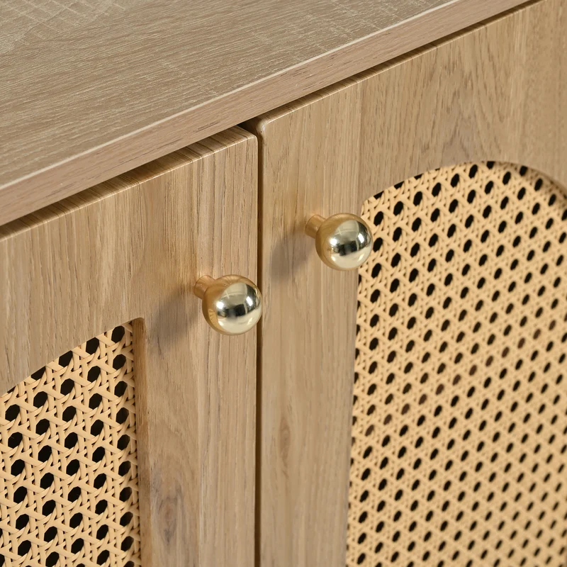 Buffet effet bois avec 4 portes en rotin synthétique et poignées métalliques DREQE