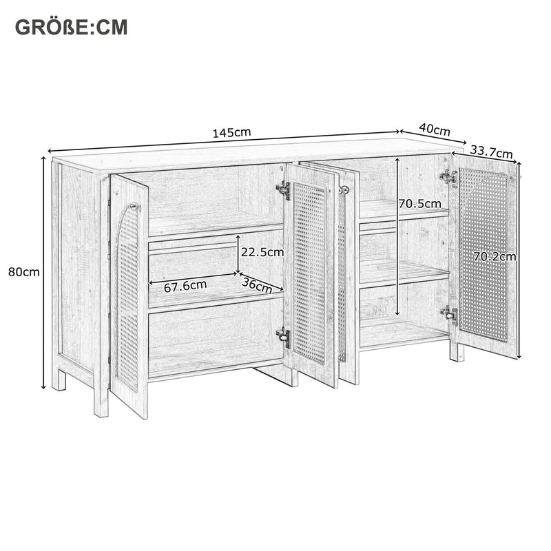 Buffet effet bois avec 4 portes en rotin synthétique et poignées métalliques DREQE