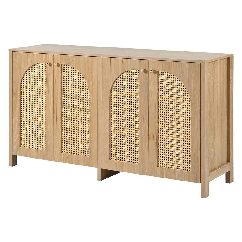 Buffet effet bois avec 4 portes en rotin synthétique et poignées métalliques DREQE