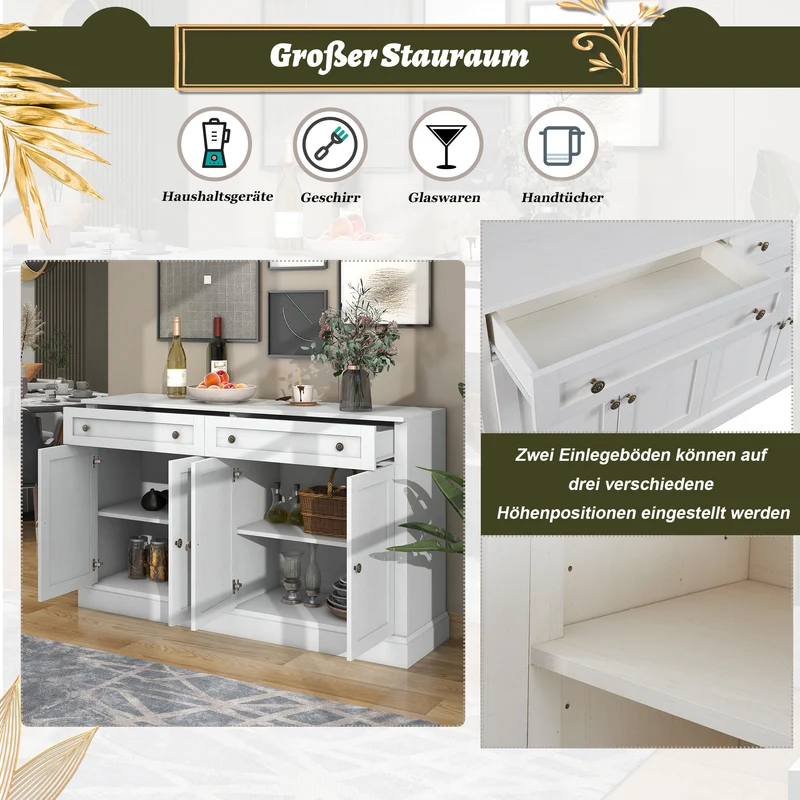 Grand buffet blanc moderne avec 4 portes et 2 tiroirs BHONPHAIT