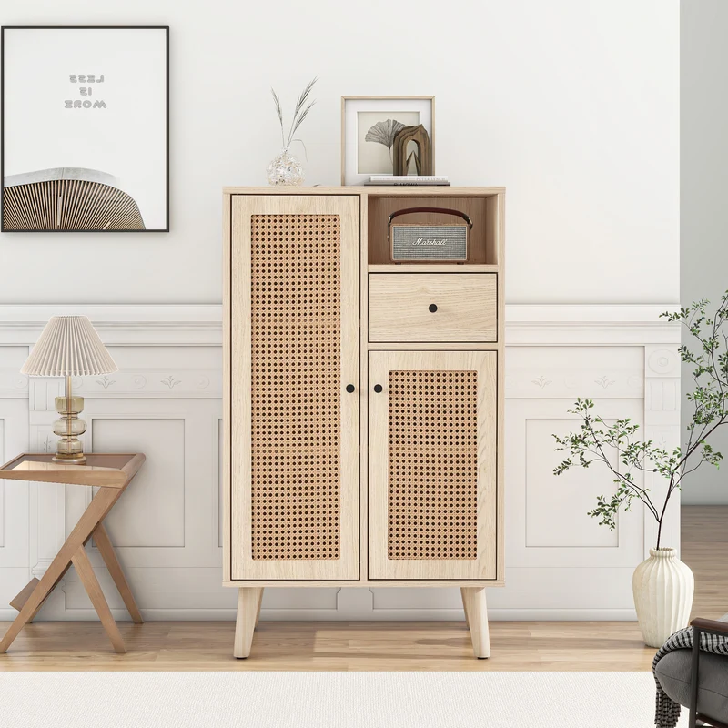 Buffet effet chêne avec 2 portes en tissage rotin et 1 tiroir VELDTBLADE