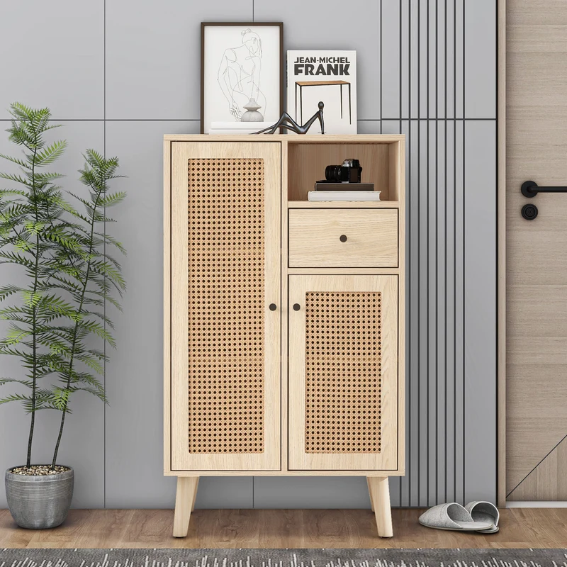 Buffet effet chêne avec 2 portes en tissage rotin et 1 tiroir VELDTBLADE