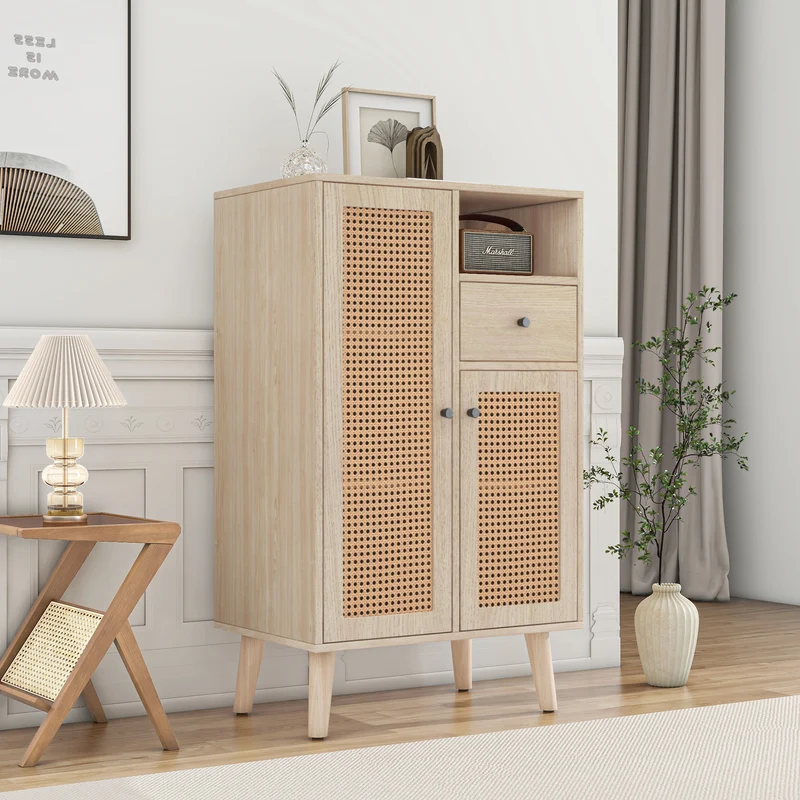 Buffet effet chêne avec 2 portes en tissage rotin et 1 tiroir VELDTBLADE