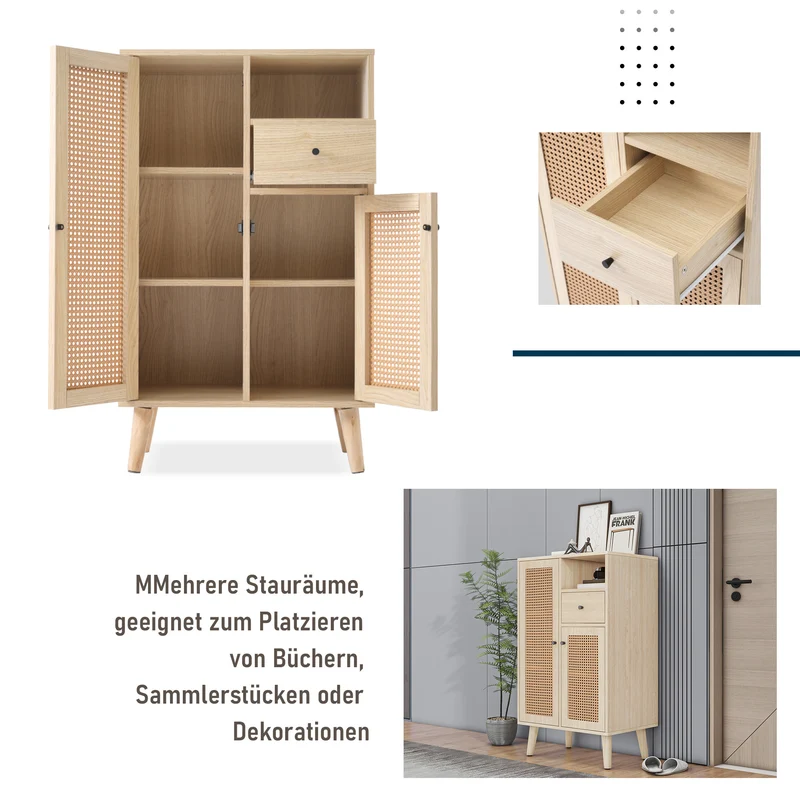 Buffet effet chêne avec 2 portes en tissage rotin et 1 tiroir VELDTBLADE