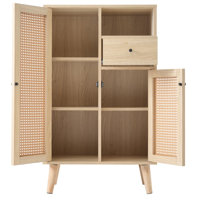 Buffet effet chêne avec 2 portes en tissage rotin et 1 tiroir VELDTBLADE