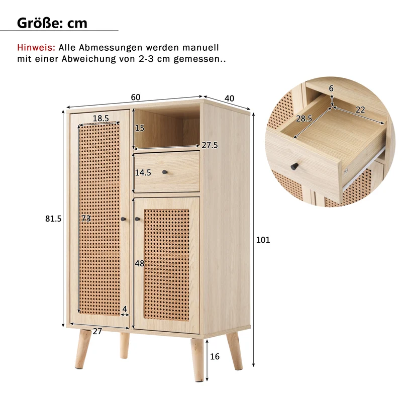 Buffet effet chêne avec 2 portes en tissage rotin et 1 tiroir VELDTBLADE