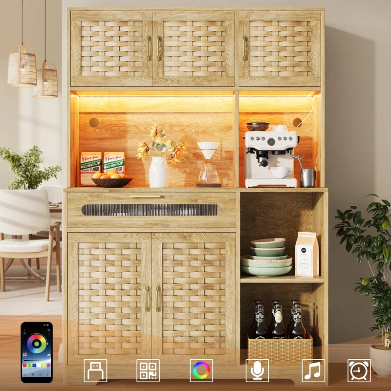 Buffet haut vaisselier de cuisine effet bois avec rotin tressé, éclairage LED ALPENGLOW