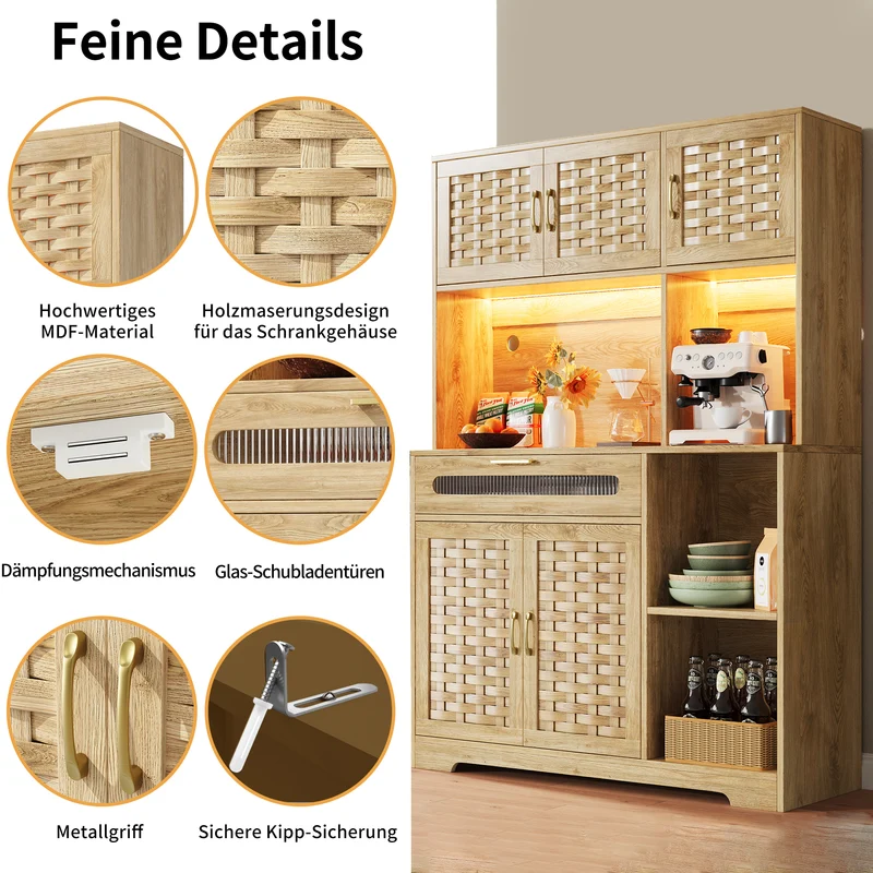 Buffet haut vaisselier de cuisine effet bois avec rotin tressé, éclairage LED ALPENGLOW