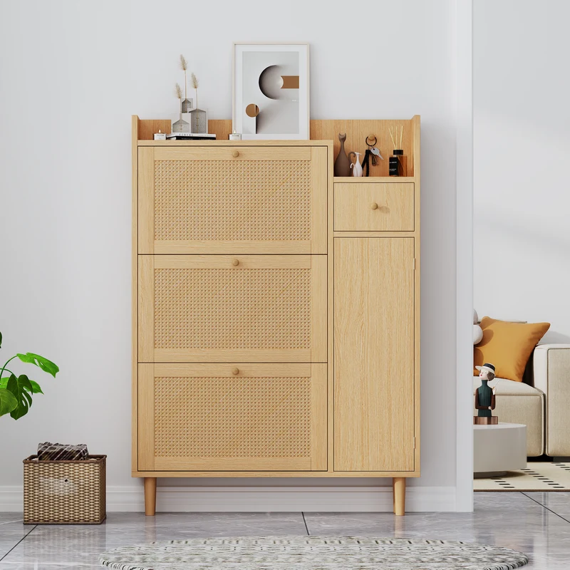 Meuble à chaussures naturel en effect bois clair et rotin avec 3 abattants STEAMERIME