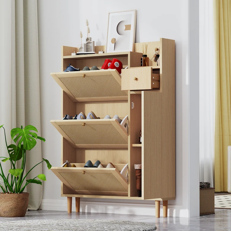 Meuble à chaussures naturel en effect bois clair et rotin avec 3 abattants STEAMERIME