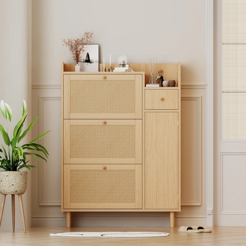 Meuble à chaussures naturel en effect bois clair et rotin avec 3 abattants STEAMERIME