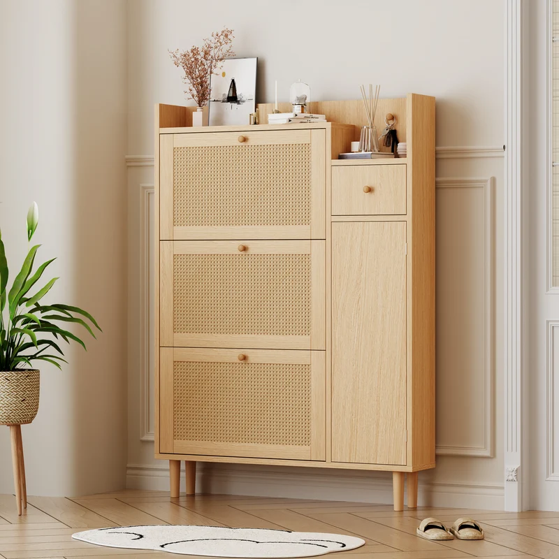 Meuble à chaussures naturel en effect bois clair et rotin avec 3 abattants STEAMERIME