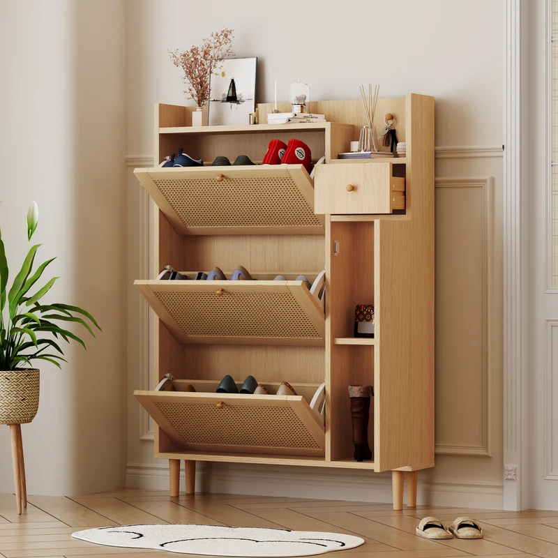 Meuble à chaussures naturel en effect bois clair et rotin avec 3 abattants STEAMERIME