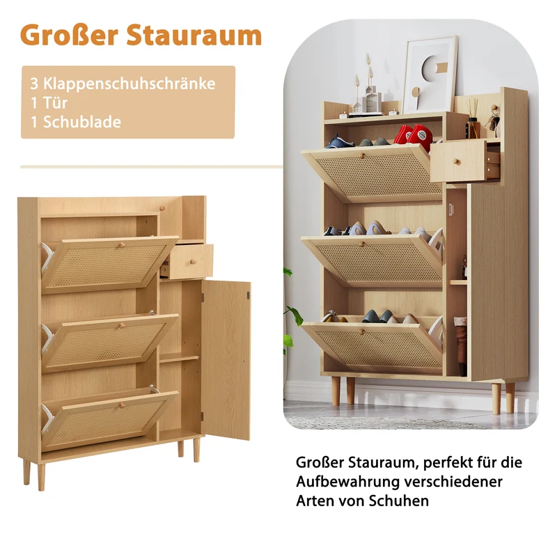 Meuble à chaussures naturel en effect bois clair et rotin avec 3 abattants STEAMERIME