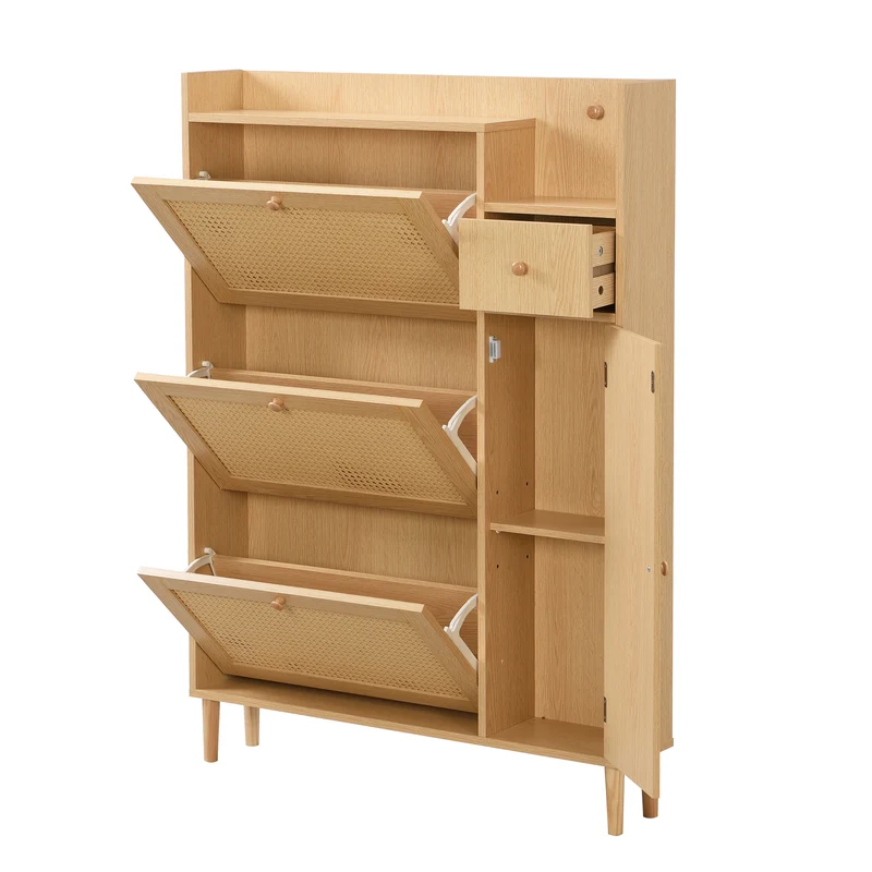 Meuble à chaussures naturel en effect bois clair et rotin avec 3 abattants STEAMERIME