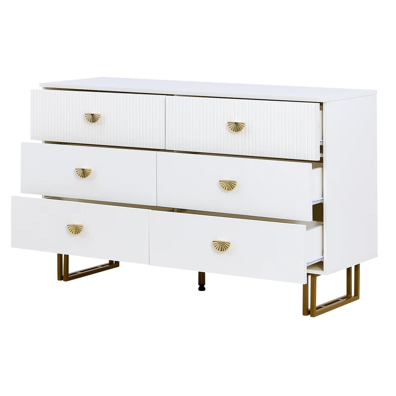 Buffet élégant crème à 6 tiroirs avec façades rainurées et poignées dorées - style contemporain ALTOCRYPT