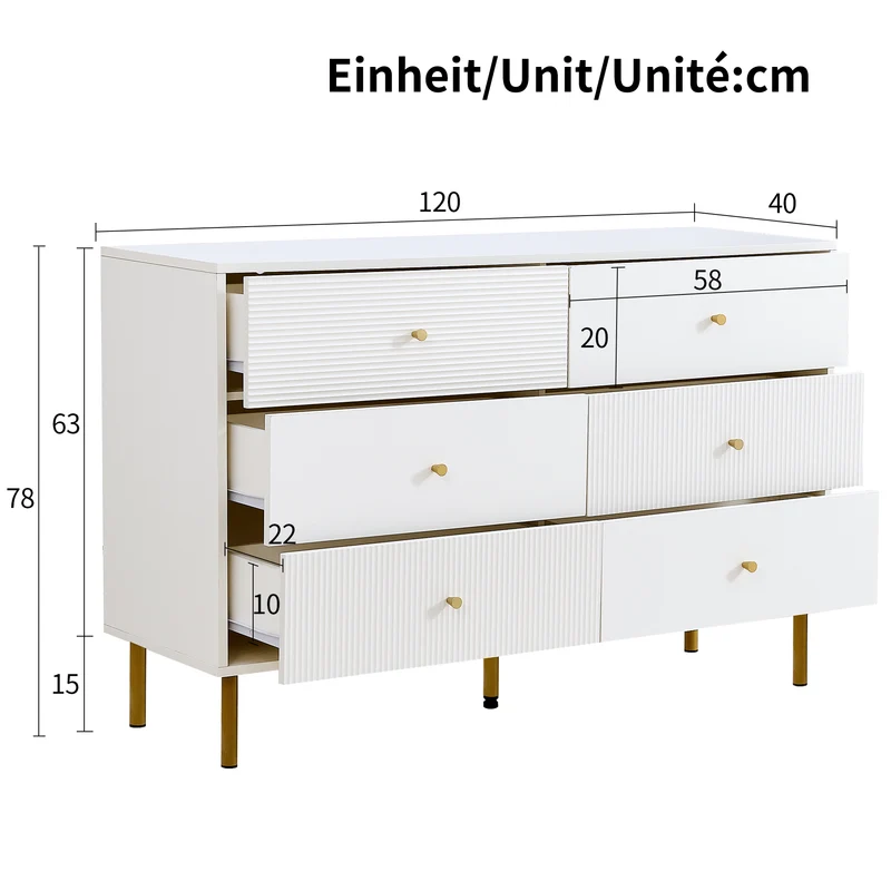 Buffet modern blanc à 6 tiroirs avec façades texturées et poignées dorées CHROMAFLASH