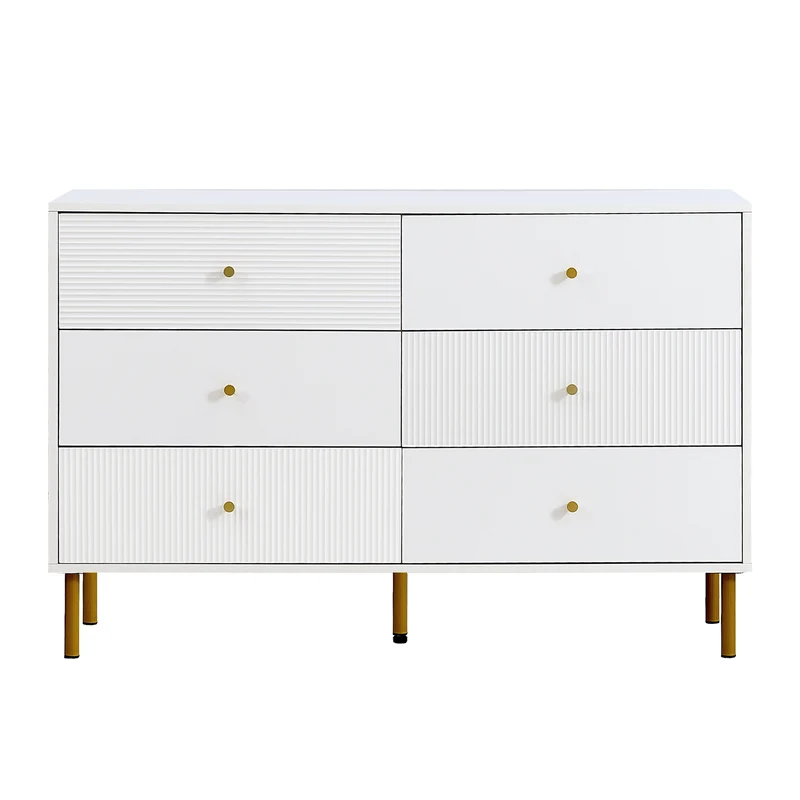 Buffet modern blanc à 6 tiroirs avec façades texturées et poignées dorées CHROMAFLASH