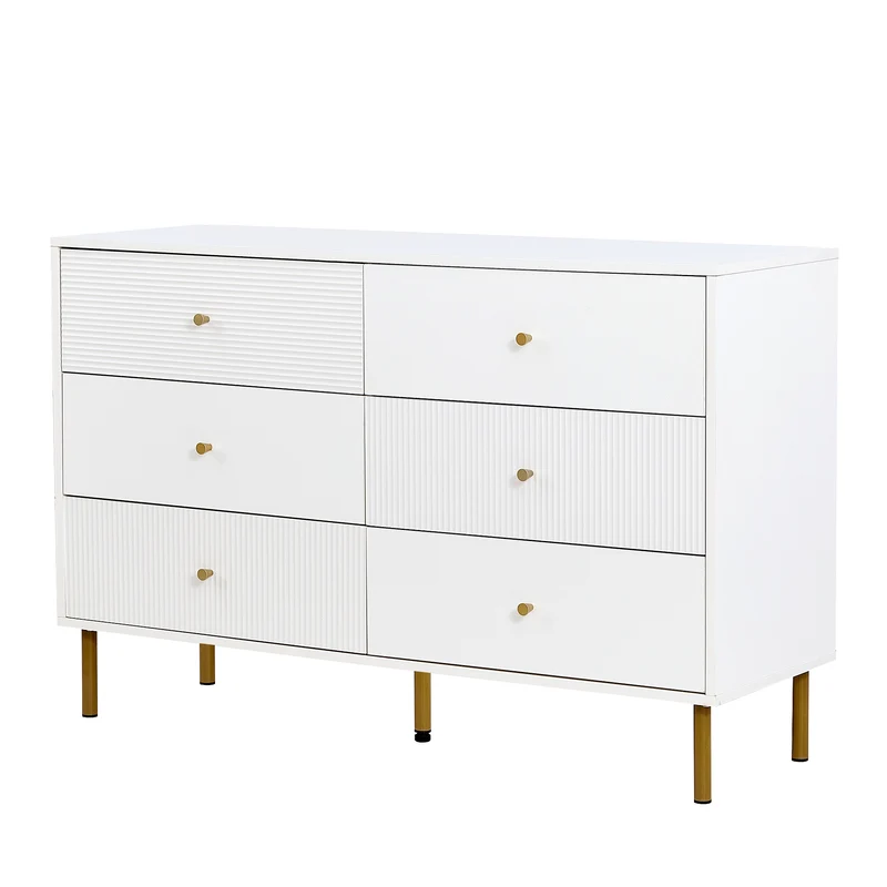 Buffet modern blanc à 6 tiroirs avec façades texturées et poignées dorées CHROMAFLASH