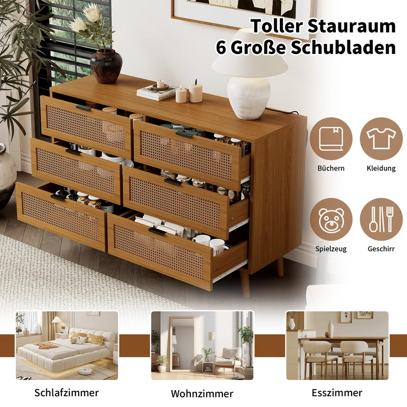 Buffet rétro façade en rotin tressé 6 tiroirs pieds obliques CANDELIL