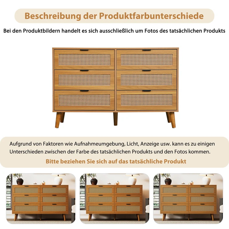 Buffet rétro façade en rotin tressé 6 tiroirs pieds obliques CANDELIL