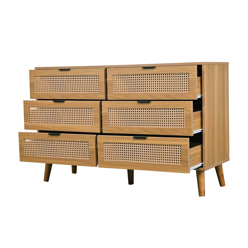 Buffet rétro façade en rotin tressé 6 tiroirs pieds obliques CANDELIL