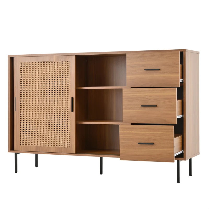Buffet vintage effet bois et 2 portes coulissantes en rotin tressé et 3 tiroirs PROPOLIS