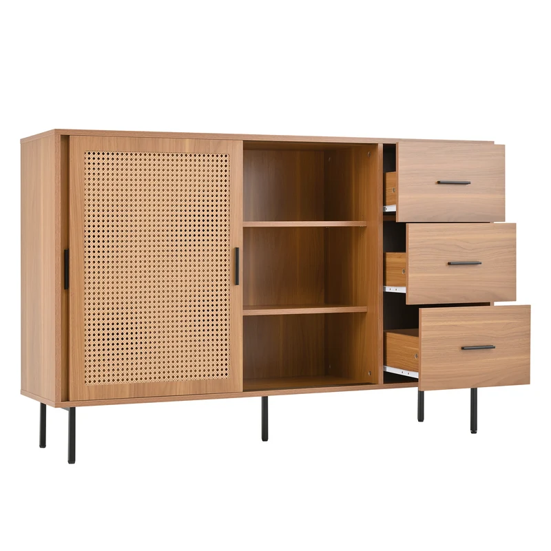 Buffet vintage effet bois et 2 portes coulissantes en rotin tressé et 3 tiroirs PROPOLIS
