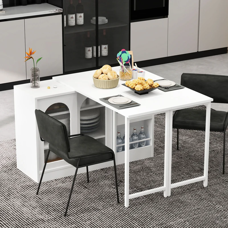 Buffet avec table retratable à 360° avec portes en verre ondulé convertible îlot de cuisine blanc PRAIRIEHAZE